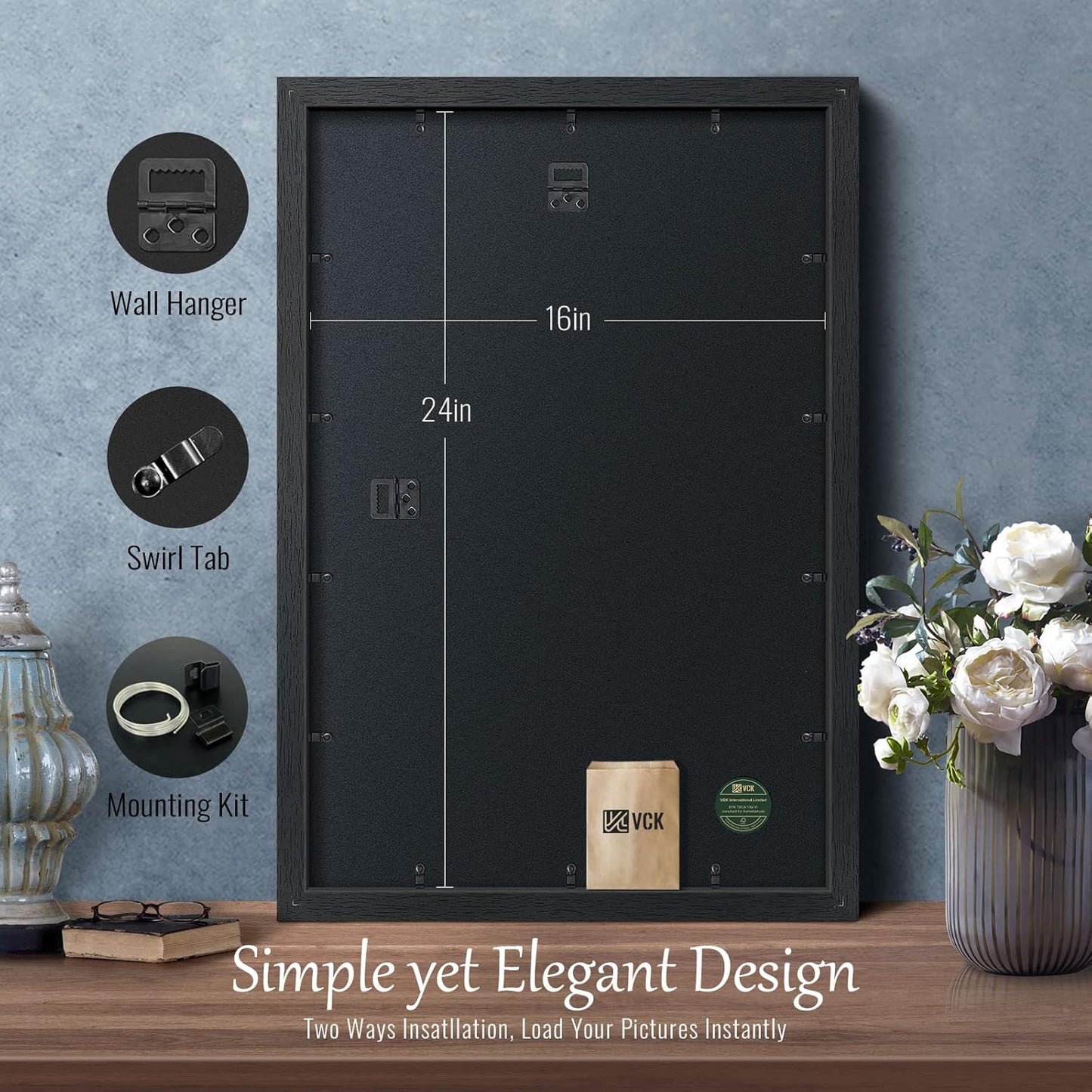 VCK 16x24 Poster Frames Set of 5, Black Solid Wood Picture Frame, Textured Exclusive Wall Gallery Frame