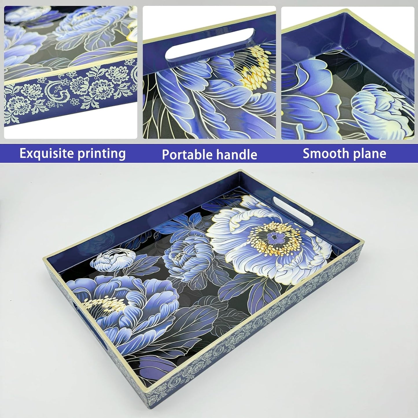 Serving Tray with Handles, 15.7 * 11.8 inches, Plastic Ottoman Tray with Exquisite Paintings, Trays for Coffee Table
