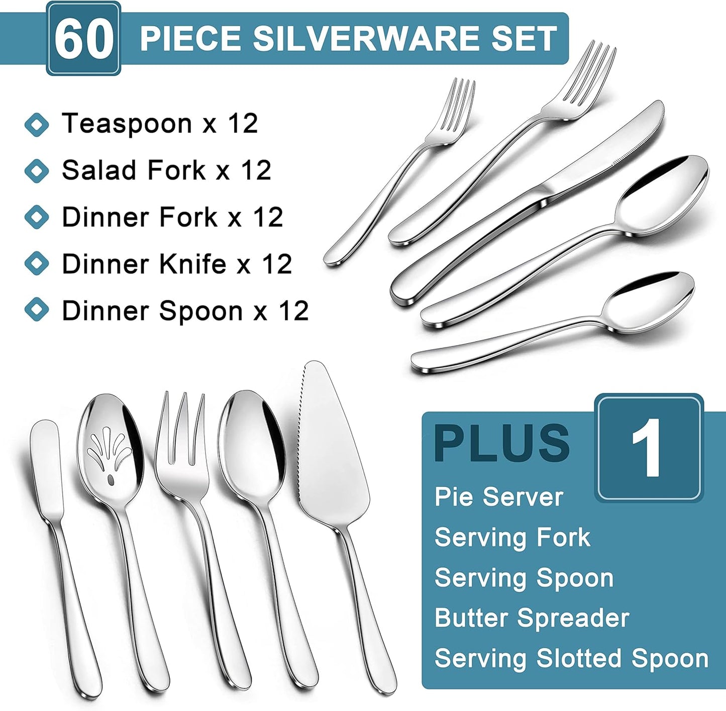 Herogo Heavy Duty Silverware Set with Serving Utensils, 65-Piece Stainless Steel Heavy Weight Modern Flatware Set for 12, Fancy Cutlery for Home Wedding, Dishwasher Safe, Mirror Finished