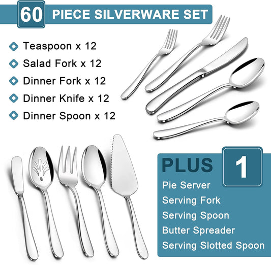 Herogo Heavy Duty Silverware Set with Serving Utensils, 65-Piece Stainless Steel Heavy Weight Modern Flatware Set for 12, Fancy Cutlery for Home Wedding, Dishwasher Safe, Mirror Finished