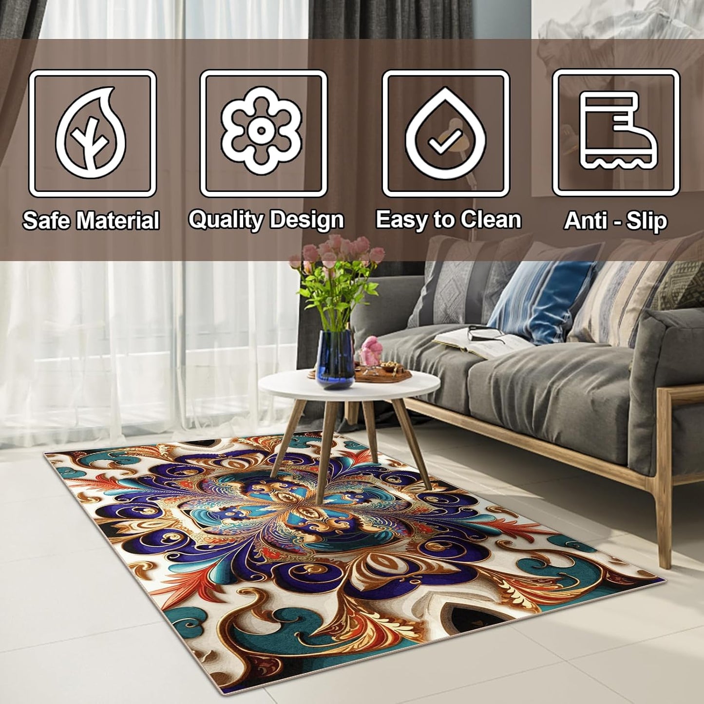 Washable Area Rug, Non-Slip Vintage Hallway Rug Runner with Upgrade Rubber Backing, Stain Resistant Faux Wool Distressed Carpet Runner for Bedroom Living Room Kitchen Laundry Entrance (70" x 55")