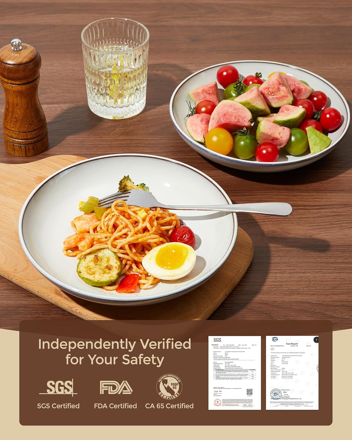 16 Piece Double Bowl Dinnerware Sets with Pasta Bowls, Highly Chip and Crack Resistant Plates and Bowls Sets, Natural Earthyware Ceramic Dishware Sets, Service for 4 Moonstone White