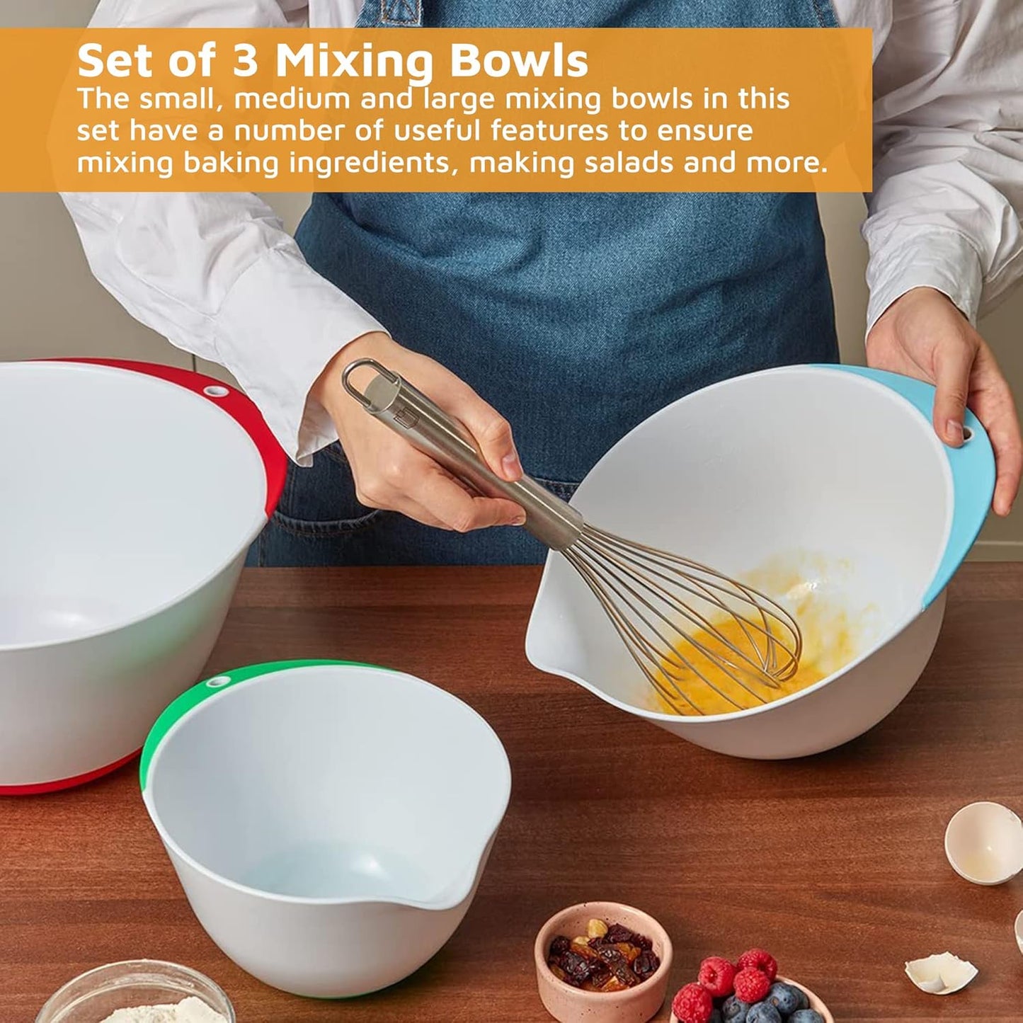 Jean-Patrique Plastic Mixing Bowls for Kitchen - Mixing Bowl Set of 3 - Kitchen Mixing Bowls with Pour Spout and Non-Slip Base - Kitchen Bowls for Prepping & Cooking - Baking Plastic Bowl Set