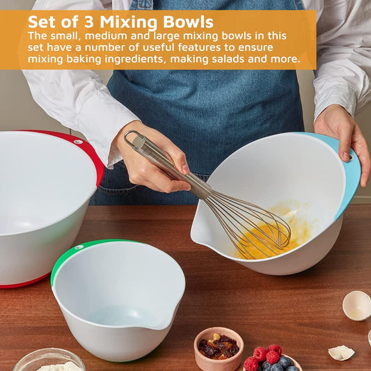 Jean-Patrique Plastic Mixing Bowls for Kitchen - Mixing Bowl Set of 3 - Kitchen Mixing Bowls with Pour Spout and Non-Slip Base - Kitchen Bowls for Prepping & Cooking - Baking Plastic Bowl Set