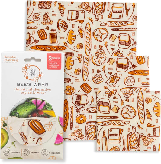 Bee's Wrap Beeswax Wraps for Food - Made in USA Reusable & Organic Food Wraps, Sandwich Wrap & Bowl Covers - Eco-Friendly Alternative to Aluminum Foil & Plastic Wrap, Bakery Lane 3 Pack (S, M, L)