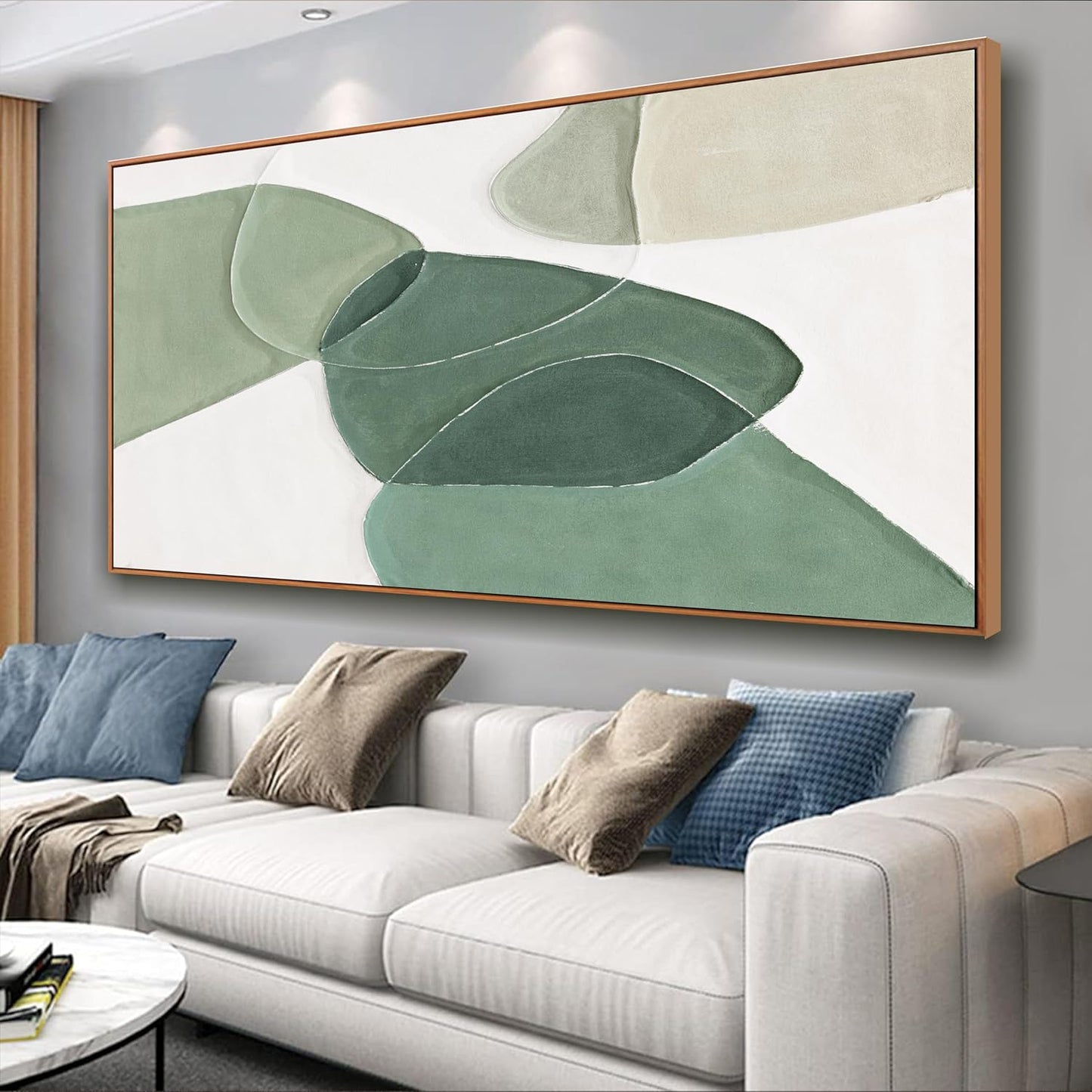 Wall Art Canvas Color Block Line Art Prints Green and white geometric color block line art Painting Framed Modern Artwork Decor for Living Room Bedroom Kitchen 24x48 inch