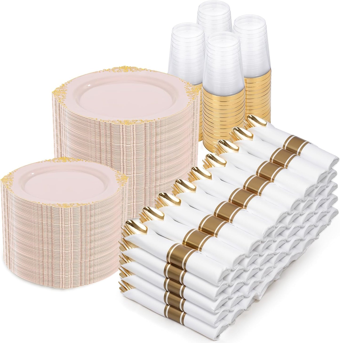 Nervure 700PCS Pink Gold Plastic Plates - Pink Plastic Dinnerware Sets for 100 Guests - 200 Disposable Plates, 300 Silverware, 100 Cups, 100 Napkins for Wedding, Birthday & Party