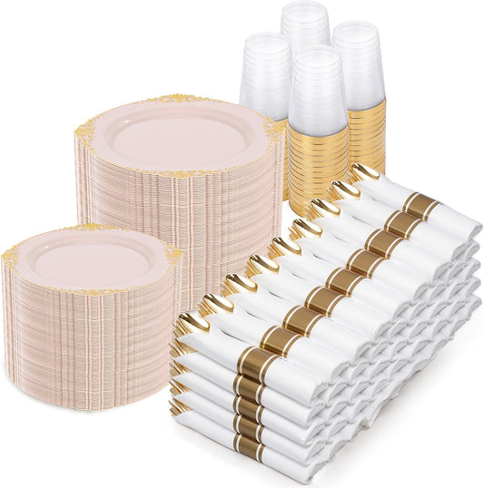 Nervure 700PCS Pink Gold Plastic Plates - Pink Plastic Dinnerware Sets for 100 Guests - 200 Disposable Plates, 300 Silverware, 100 Cups, 100 Napkins for Wedding, Birthday & Party