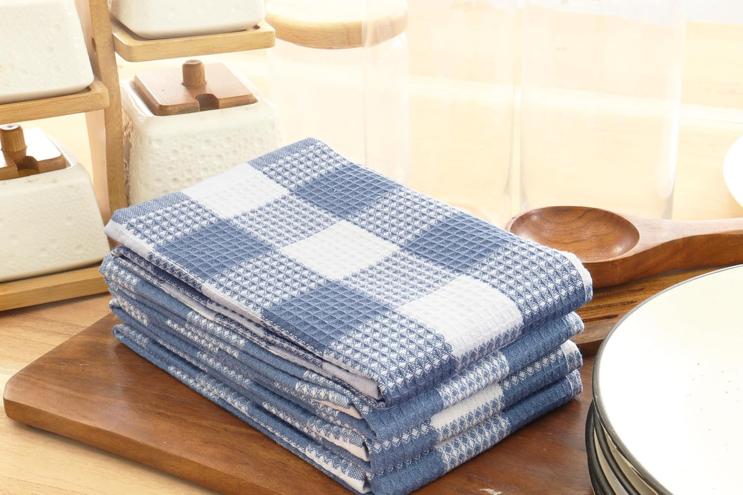 PurpleEssences 100% Cotton Waffle Weave Check Plaid Kitchen Towels, Super Soft and Absorbent Dish Towels for Drying Dishes 15 x 25-6 Pack - Fall Thanksgiving- Smoky Grey and White