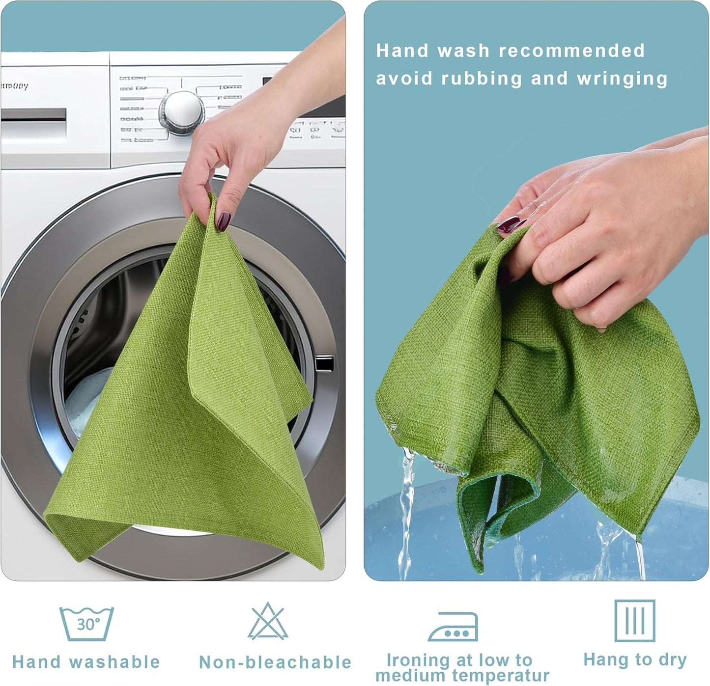 SLKQG Green Linen-Look Placemats Set of 6, Heat Resistant & Machine Washable Double-Layered Cloth Placemats for Dining Table, Indoor/Outdoor Use, Non-Slip Kitchen Table Mats (6, Grass Green)