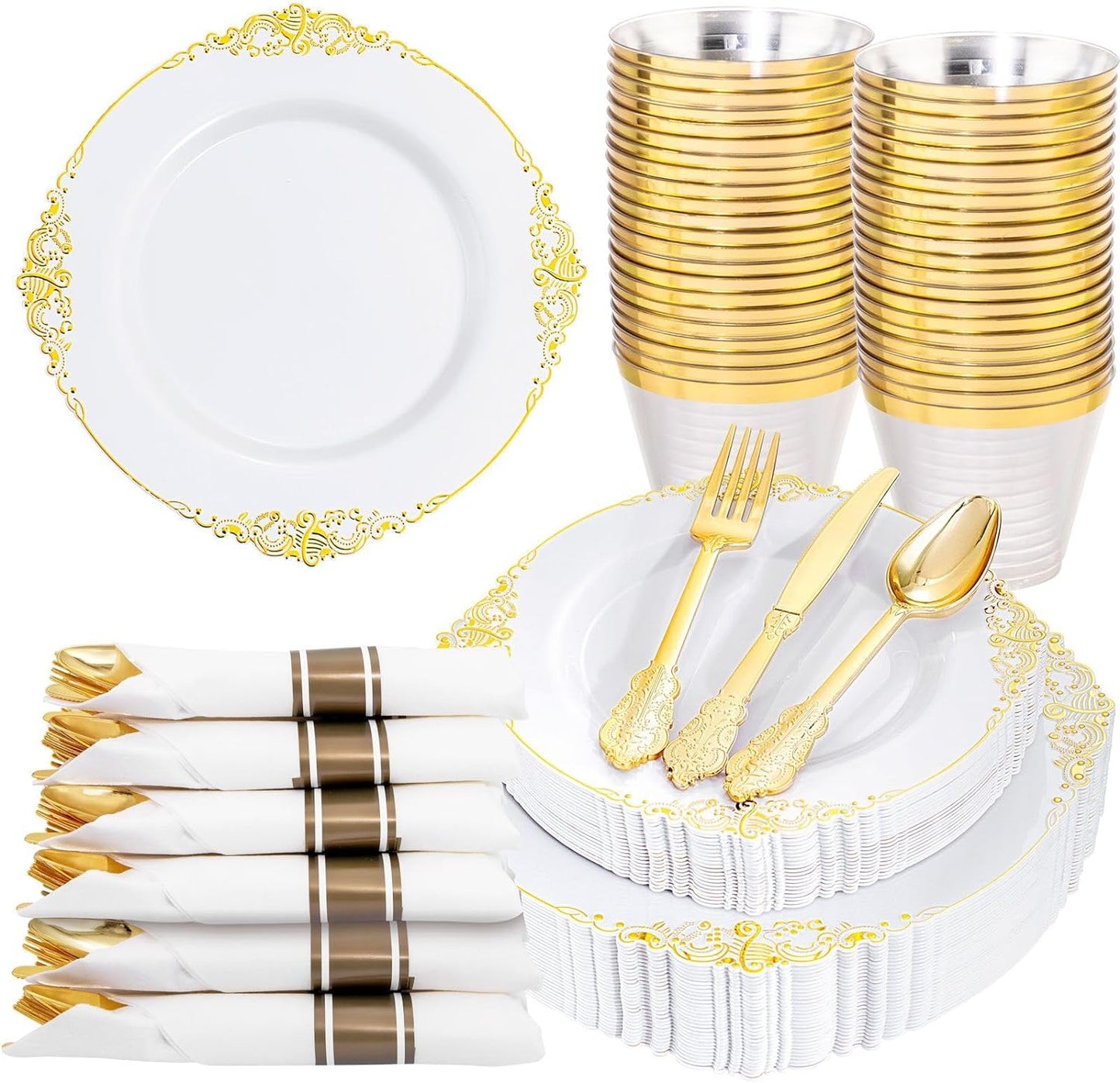 Nervure 175PCS Gold Plastic Plates - Disposable White Gold Party Plates & Pre Rolled Napkins with Cutlery for 25 Guests, 50Plates, 75Silverware, 25Cups, 25Napkin for Wedding & Party & Thanksgiving
