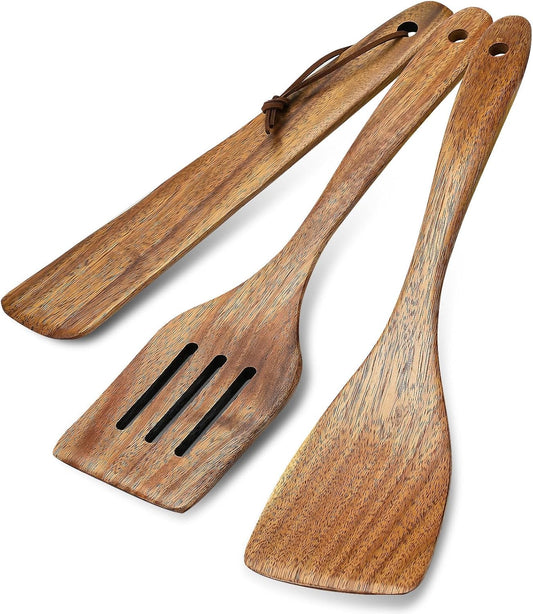 3Pcs Wooden Spatulas, Wooden Spatula for Cooking Long Handle Frying Turner Non-Stick Slotted Spurtle and Wood Scraper for Flipping, Scraping, and Turning, Cooking Utensils Set