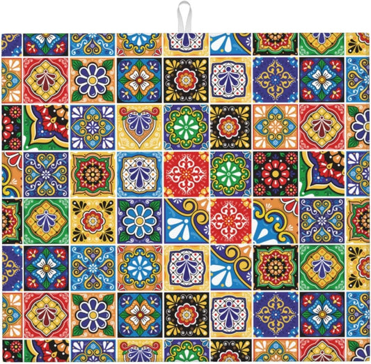 Colorful Mexican Talavera Tile Dish Drying Mats for Kitchen Counter & Sink, Absorbent Microfiber Drying Pad for Dishes, Washable Foldable Bohemian Kitchen Mat for Dining Area & Home Decor, 16" x 18"