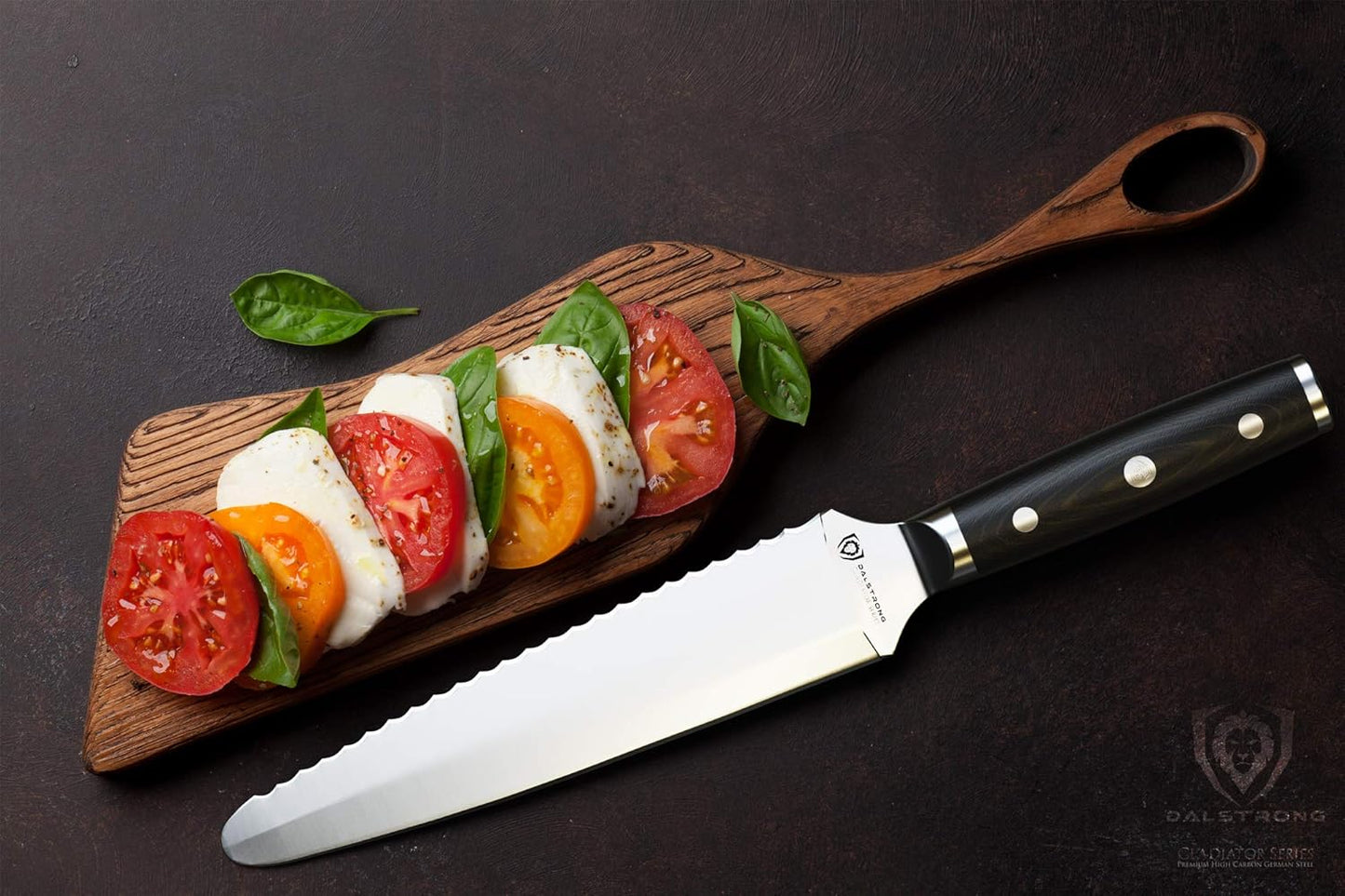 Dalstrong Dual Chef Knife - 8 inch - Gladiator Series Elite - Straight+Serrated Edge - Forged High Carbon Steel Sharp Kitchen Knife - Full Tang Knife Gift- Black G10 Handle - Sheath - NSF Certified