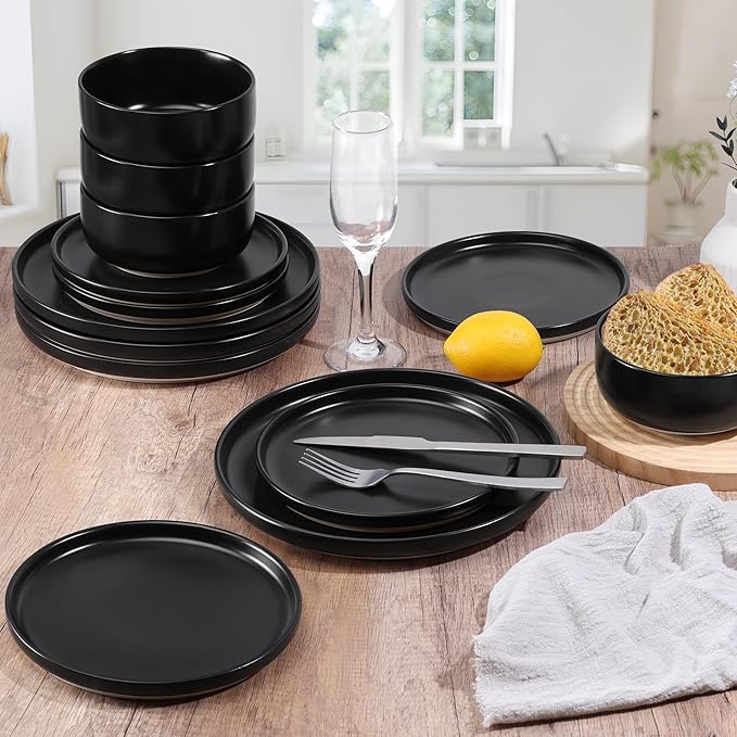 HaWare Stoneware Dinnerware Sets, 12-Piece Plates and Bowls Set for 4, Dishes Set for Home Restaurant, Frosting Black