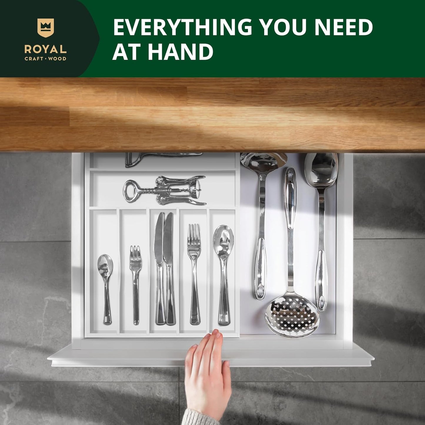 ROYAL CRAFT WOOD Luxury Bamboo Kitchen Drawer Organizer - Silverware Organizer - Utensil Holder and Cutlery Tray with Grooved Drawer Dividers for Flatware and Kitchen Utensils (7 Slot, White)