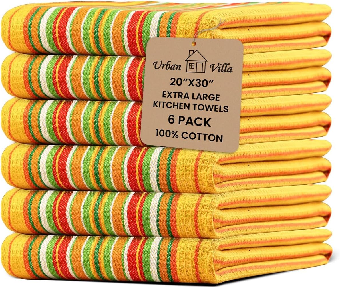 Urban Villa Kitchen Towels Waffle Stripes Dish Towels for Kitchen Mustard Color Set of 6 Kitchen Towels Highly Absorbent 100% Cotton Over Sized 20X30 in with Mitered Corners Kitchen Hand Tea Towels