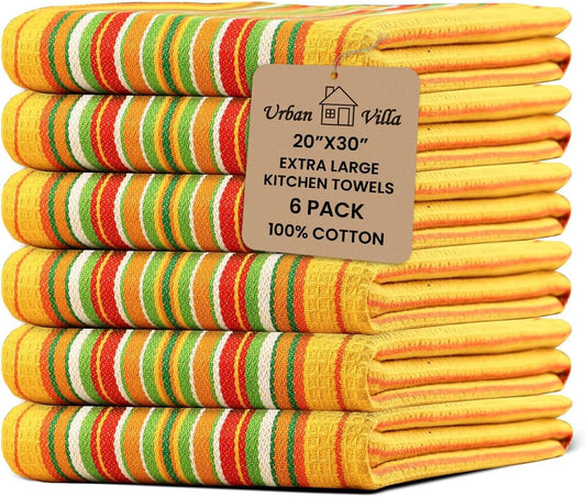 Urban Villa Kitchen Towels Waffle Stripes Dish Towels for Kitchen Mustard Color Set of 6 Kitchen Towels Highly Absorbent 100% Cotton Over Sized 20X30 in with Mitered Corners Kitchen Hand Tea Towels