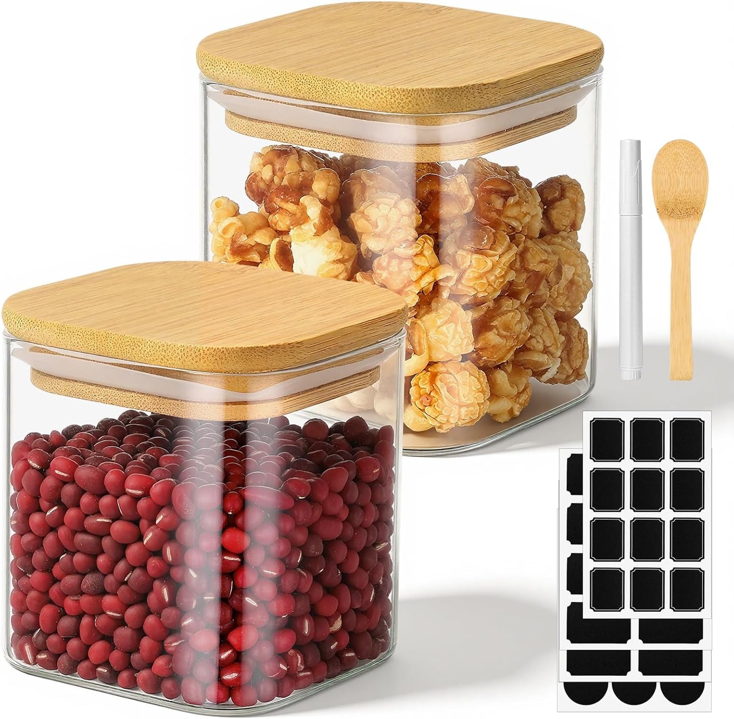 Square Glass Jar with Lid, 12 Fl.oz Glass Jars with Bamboo Lids Set of 2, Kitchen Pantry Storage Containers for Spice, Sugar, Coffee, Tea, Candy, Nuts - Included Labels, Marker and Spoon