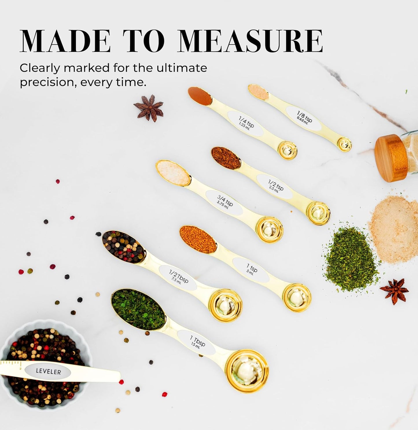 White and Gold Magnetic Measuring Spoons – Stainless Steel Double Sided Measuring Spoons for Cooking and Baking – Cute White and Gold Kitchen Accessories, Ideal for Gifting