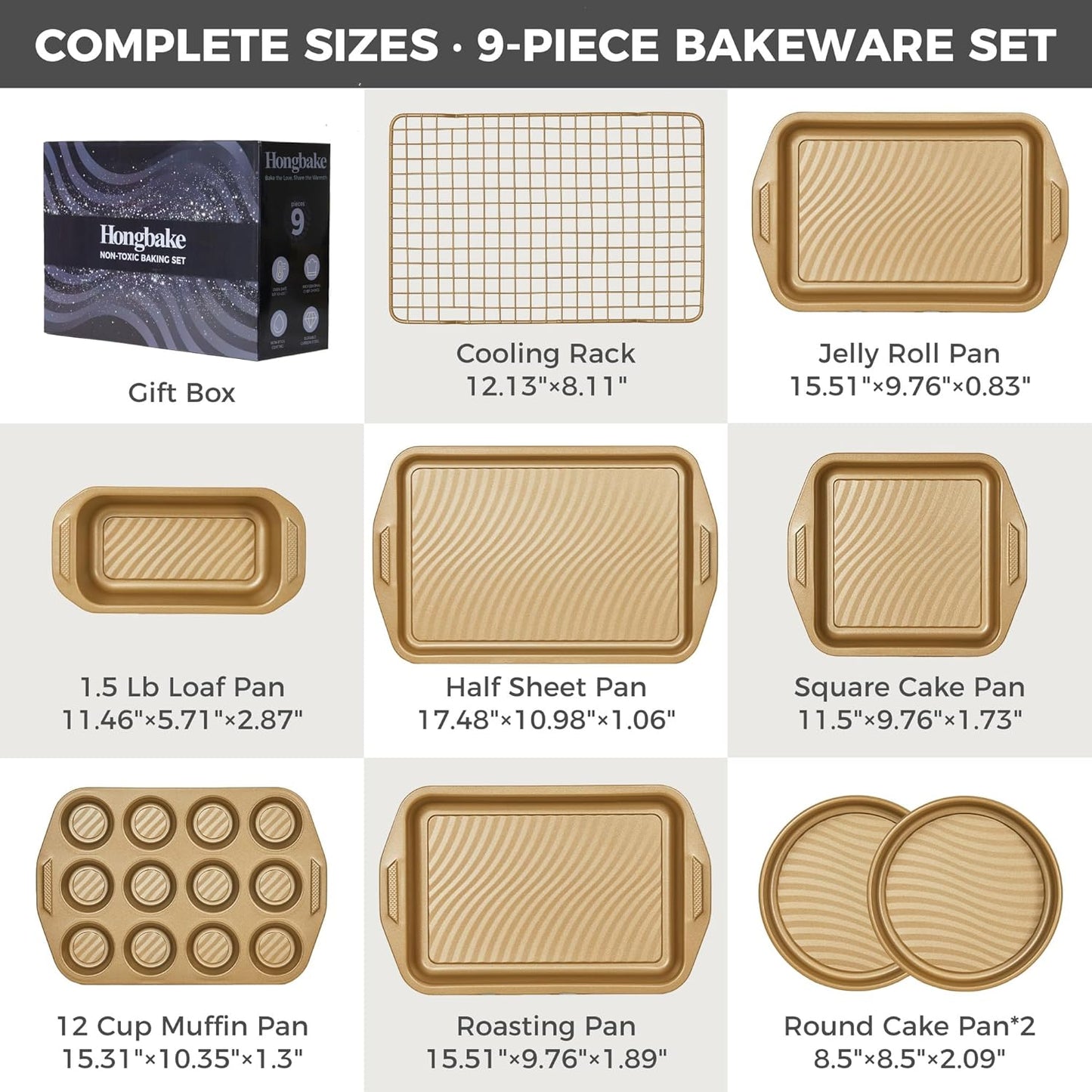 HONGBAKE 9-Piece Baking Pans Set with Wave Texture, 0.8mm Thick Bakeware Sets Non Stick, Includes Stackable Cookie Sheets for Oven Cooking, Cake Pan, Muffin Pan, Loaf Pan, Roasting Pan, Rack, Gold