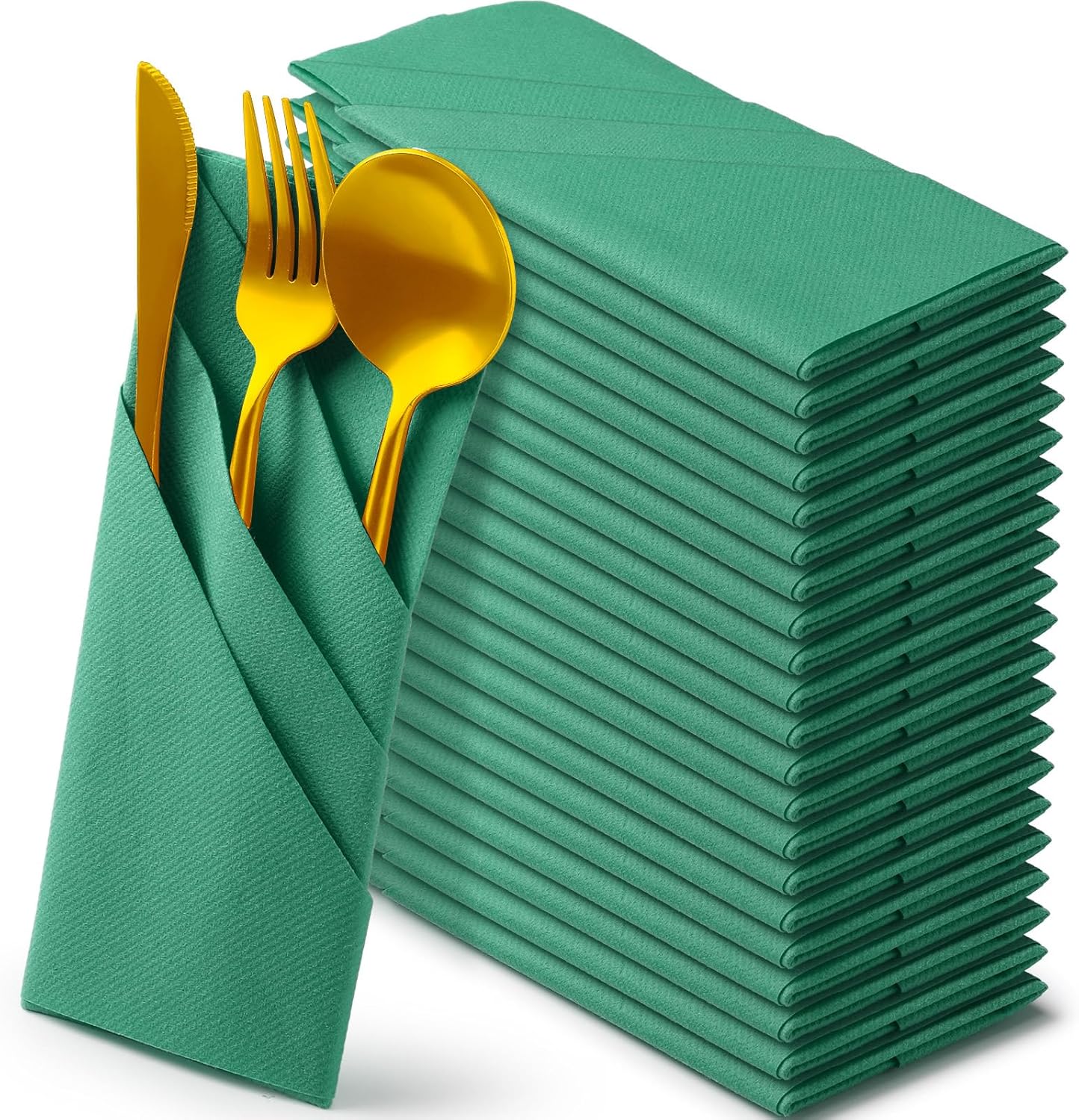 Qilery 50 Pcs Paper Linen Napkins Disposable Airlaid Paper Prefolded Dinner Napkins with Built in Flatware Pocket for Silverware Valentine Wedding Party Christmas Day (Lake Green)