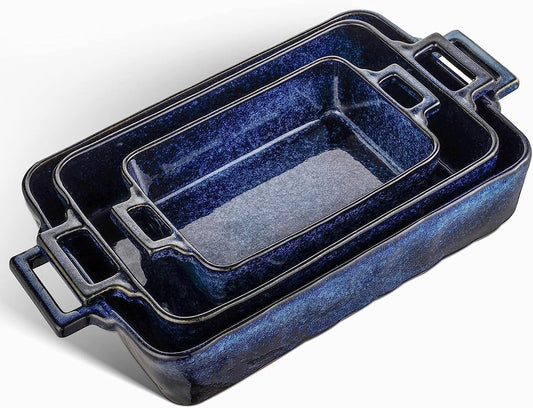 VICRAYS Ceramic Bakeware Set, Porcelain Rectangular Lasagna Pans Casserole Dish Set for Baking, Cooking, Kitchen, Cake Dinner, Banquet and Daily Use, 3 PCS, 15 x 8.5 Inches(Blue)