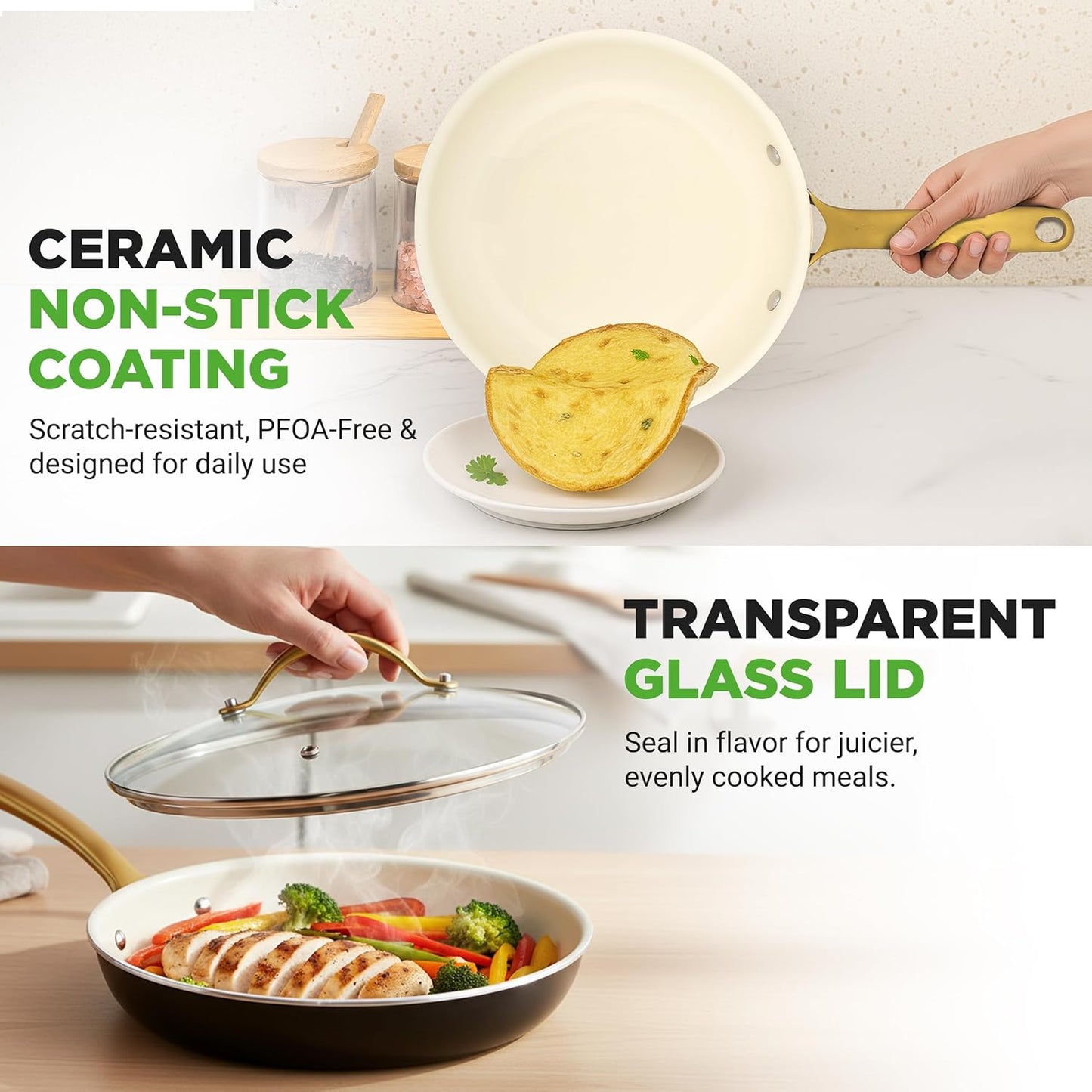 NutriChef 12-Inch Professional Ceramic Frying Pan With Lid - Large Skillet with Golden Titanium Handle, Non-Stick Ceramic Coating, Stain-Resistant, Easy to Clean, Ideal for Home Cooking