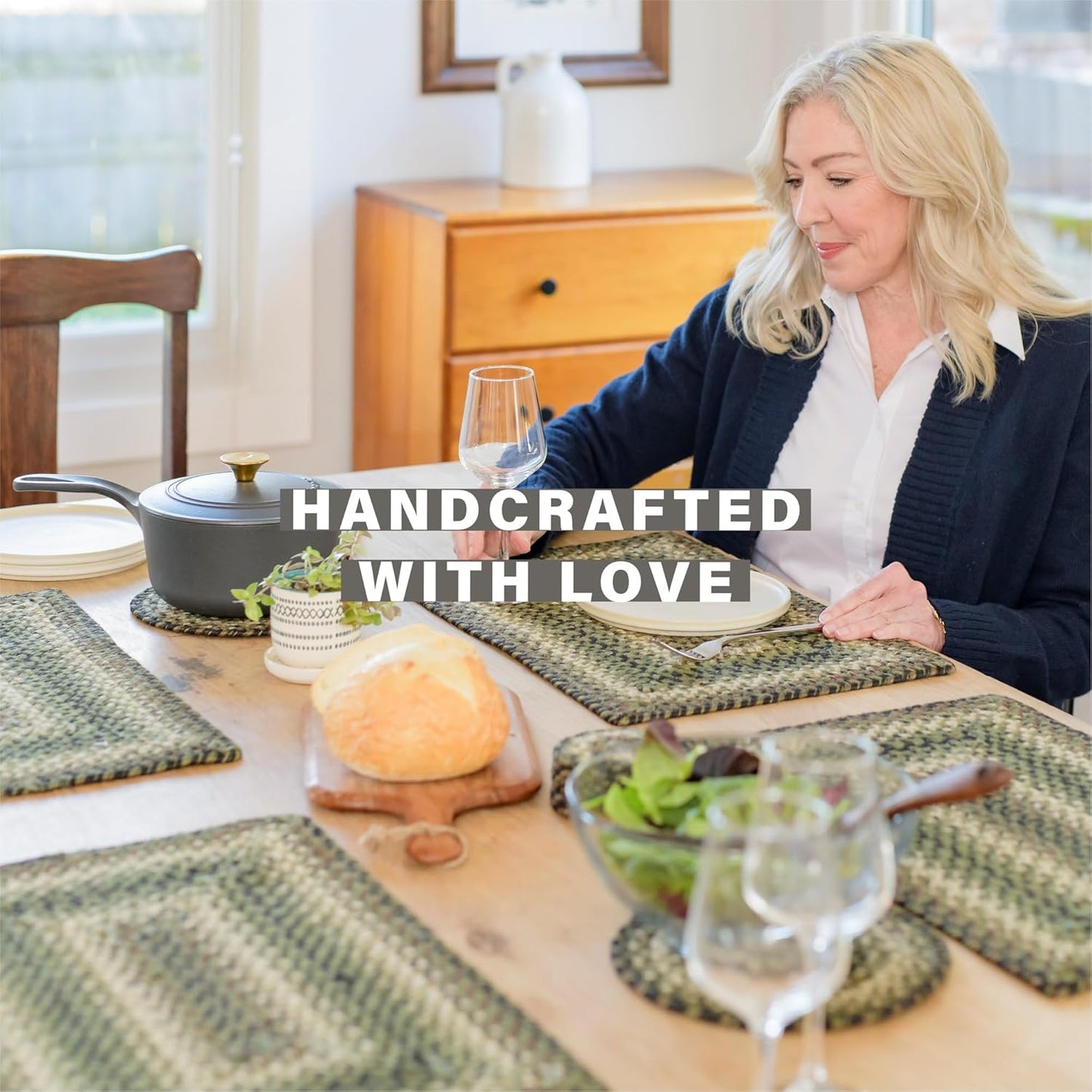 Homespice Pinecone Jute Braided Placemats, Warm Country Rustic Decor, Set of 4, Green 13x19 Oval Table Mats - Vibrant Colors, Durable, Easy to Clean and Protects Furniture