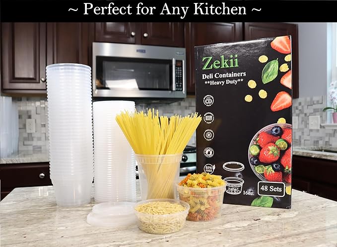 Zekii EXTRA THICK Deli Containers with Lids, Soup Containers w/Lids Airtight, 48Sets 16oz, Disposable, BPA Free, Takeout soup Cups, Meal Prep, Food Storage w/Measurements