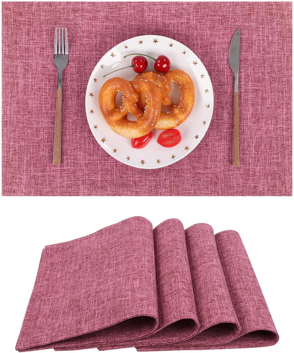 SHACOS Woven Fabric Placemats Set of 4 Heat Resistant Place Mats Non Slip Washable Double Layer Cloth Placemats Reversible Table Mats Kitchen Dining Table Decor (4, Hot Pink)