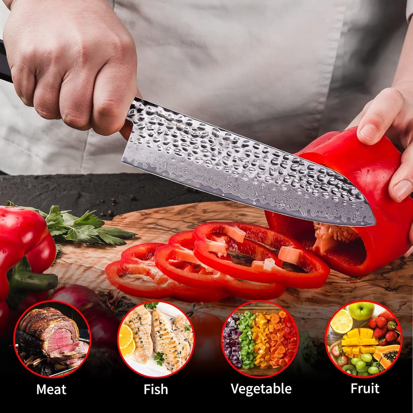 FINDKING Eternity Series Japanese Santoku Knife with ABS sheath, Professional Kitchen Knife, 9Cr18MoV Damascus Steel Blade, Resin Octagonal Handle, for Meat, Fruits, Vegetables, 7 Inches