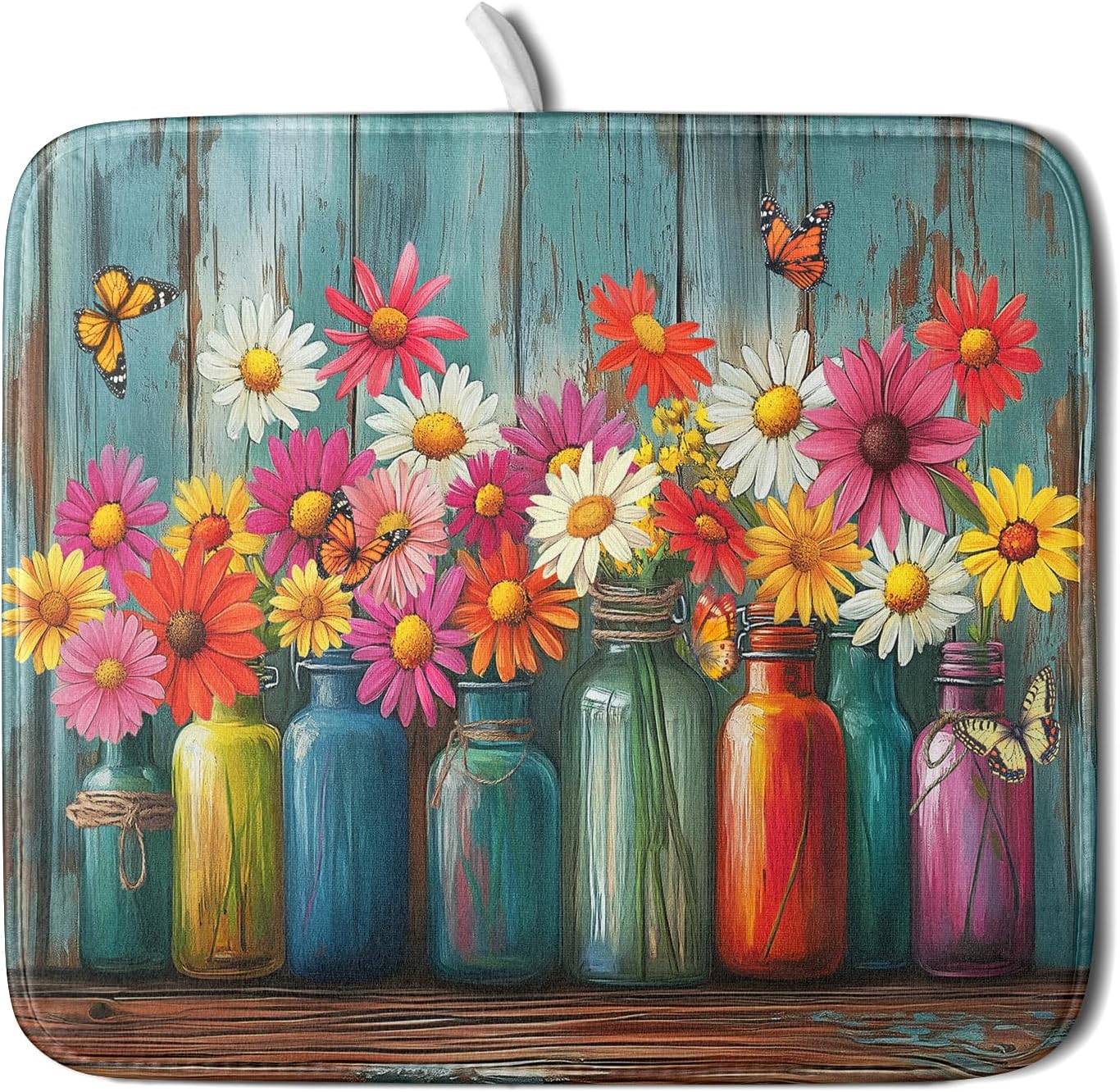 Botanical Flowers Dish Drying Mats 16x18 Inch,Colorful Daisy Mason Jar on Wood Plank Microfiber Quick-Dry Drainer Rack Absorbent Pad for Farmhouse Kitchen Countertop Sink Decor