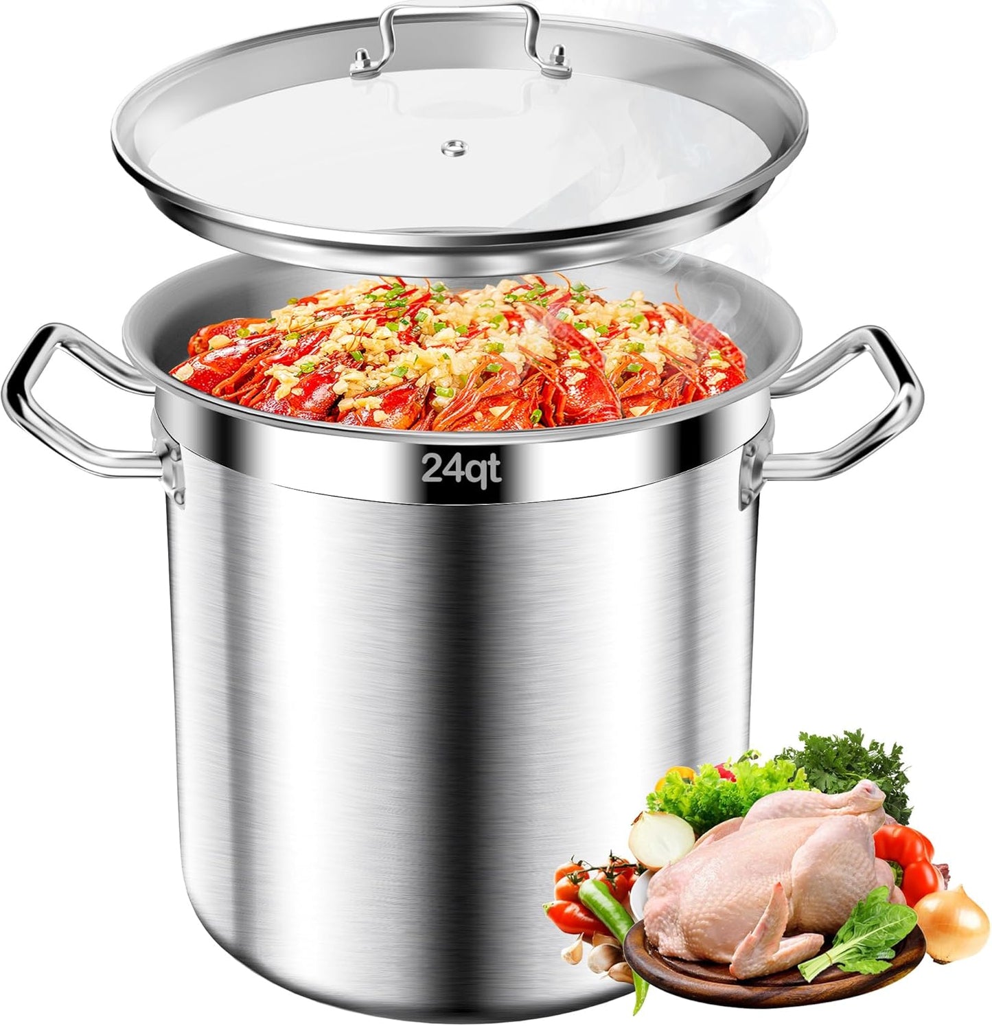 Stainless Steel Stock Pot - 24QT Heavy Duty Induction Cooking Pot with Visible Lid, Nonstick Thick Bottom Big Stockpot, Deep Cookware for Canning, Boiling Beer Brewing, Soup, Seafood Boil Soup Pots
