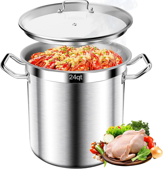 Stainless Steel Stock Pot - 24QT Heavy Duty Induction Cooking Pot with Visible Lid, Nonstick Thick Bottom Big Stockpot, Deep Cookware for Canning, Boiling Beer Brewing, Soup, Seafood Boil Soup Pots