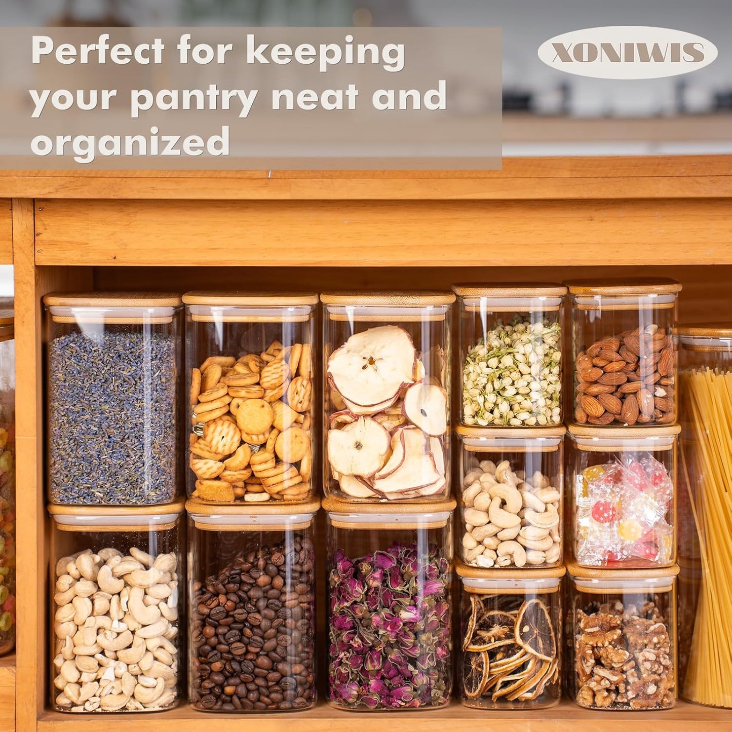 26oz 6PCS Rectangle Glass Pantry Containers with Lids, Glass Jars with Lids, Clear Food Storage Jars, Small Canister for Salt, Pepper, Spices, Nuts, Loose Tea, Coffee, Sugar, Candy