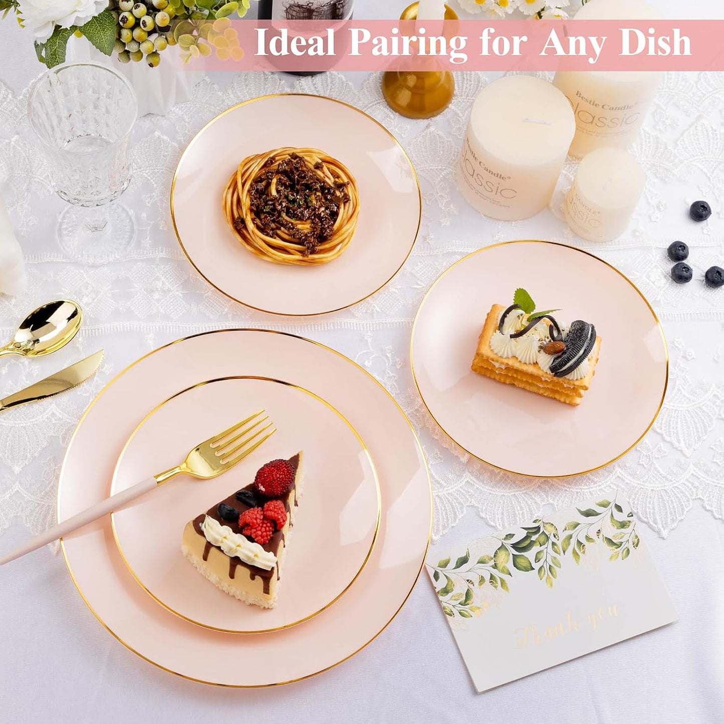 100PCS Pink Gold Plastic Plates, Pink Disposable Plates for Party, Wedding and Graduation, Include 50 Dinner Plates, 50 Dessert Plates for 50 Guests
