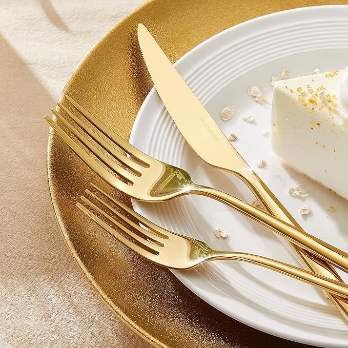 KINGSTONE Silverware Set, 60-Piece Flatware Set Cutlery Set Premium 18/10 Stainless Steel, Tableware Include Forks Knives Spoons for Home Kitchen Restaurant Wedding, Dishwasher Safe,Gold