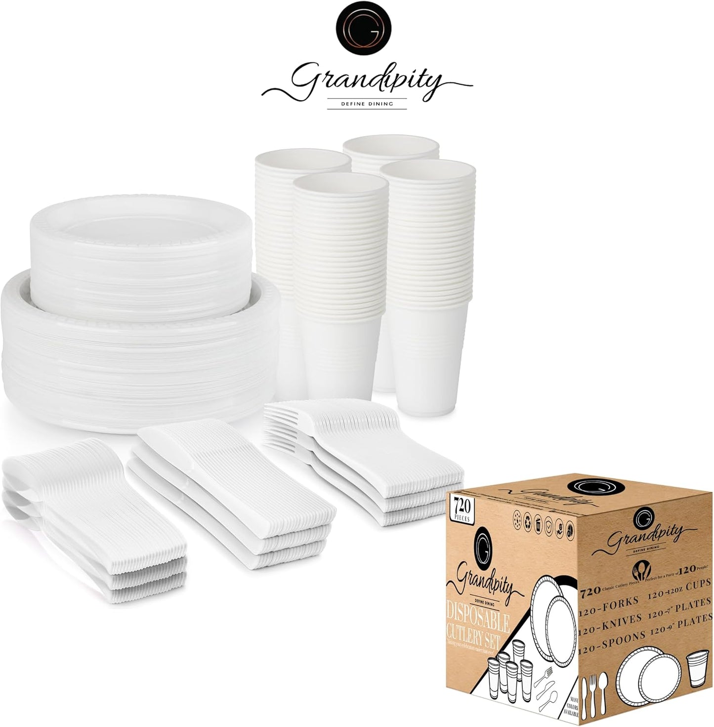 Grandipity 720 Piece White Disposable Dinnerware Set, Plastic Dinnerware Set Includes 120 Count 9' Dinner Plates, 7' Dessert Plates, 12oz Cups, Forks, Knives & Spoons