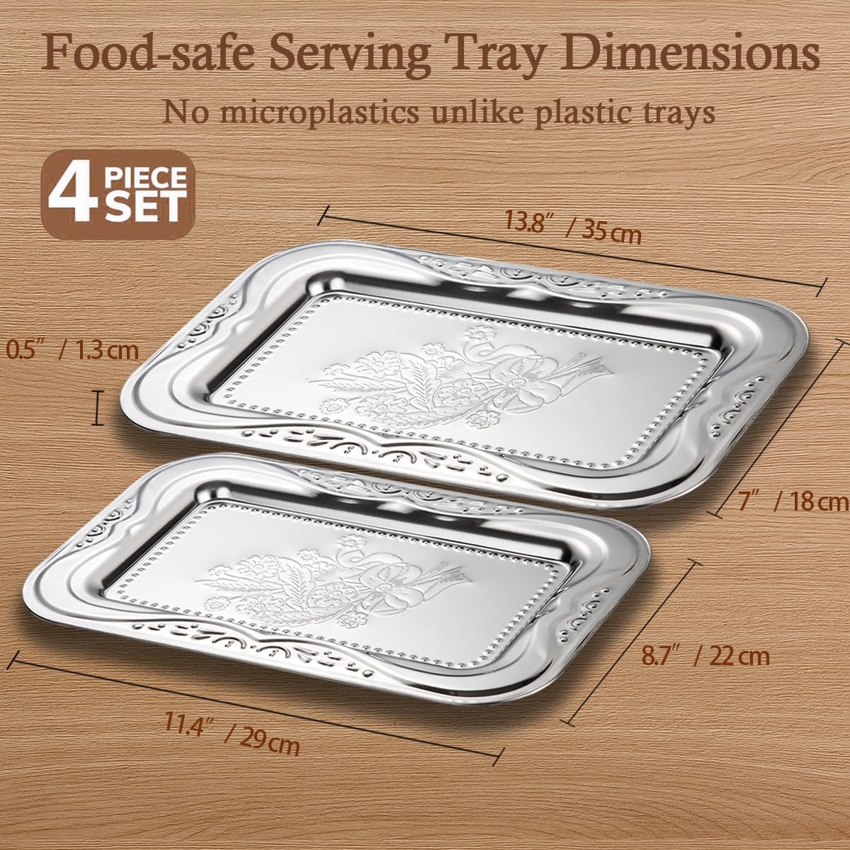 4-Pack Small Silver Serving Trays Set - ZENOVLUX Bow Floral Engraved Mirror Decorative Tray, 11.4" x 7" Party Platters for Whiskey, Cookies, Charcuterie, Snacks, Desserts, Fruit, Party Food Display