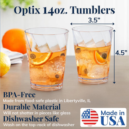 US Acrylic Optix Plastic Reusable Drinking Glasses (Set of 8) 14oz Rocks Cups in Clear | BPA-Free Tumblers, Made in USA | Top-Rack Dishwasher Safe