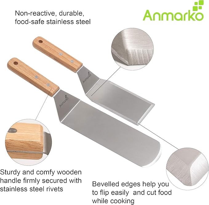 Metal Spatula Set - Griddle Long Spatula - Teppanyaki spatulas - Griddle Scraper and Pancake Flipper or Hamburger Turner - Stainless Steel Utensil great for BBQ Grill Flat Top - Commercial Grade