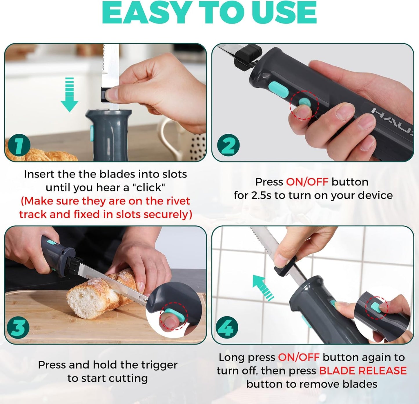 HAUSHOF Cordless Electric Knife Set for Meat Slicing, 8V Electric Carving Knife for Fish, Bread, Turkey, Rechargeable Meat Cutter with Reciprocating Stainless Steel Blades, Safety Lock & Storage Case