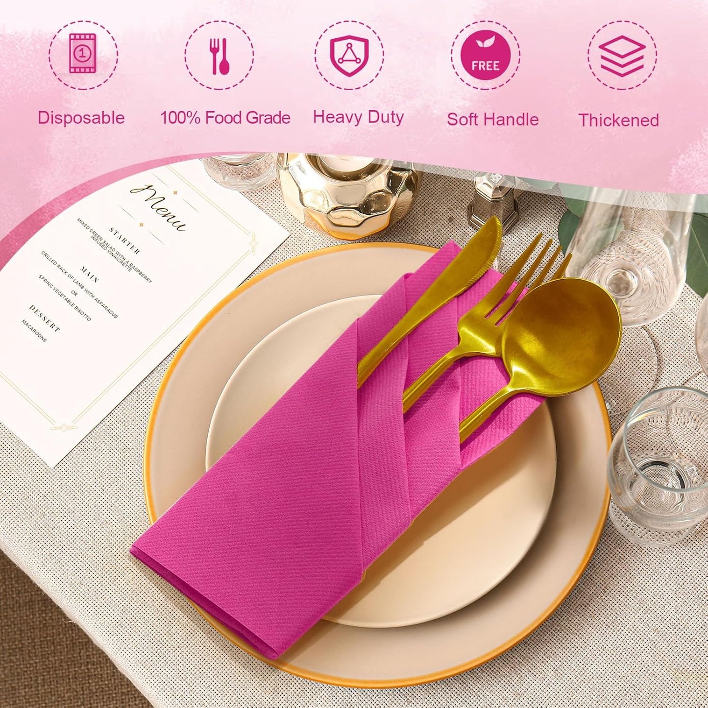 Qilery 100 Pcs Paper Linen Napkins Disposable Airlaid Paper Prefolded Dinner Napkins with Built in Flatware Pocket for Silverware Valentine Wedding Party Christmas Day (Hot Pink)