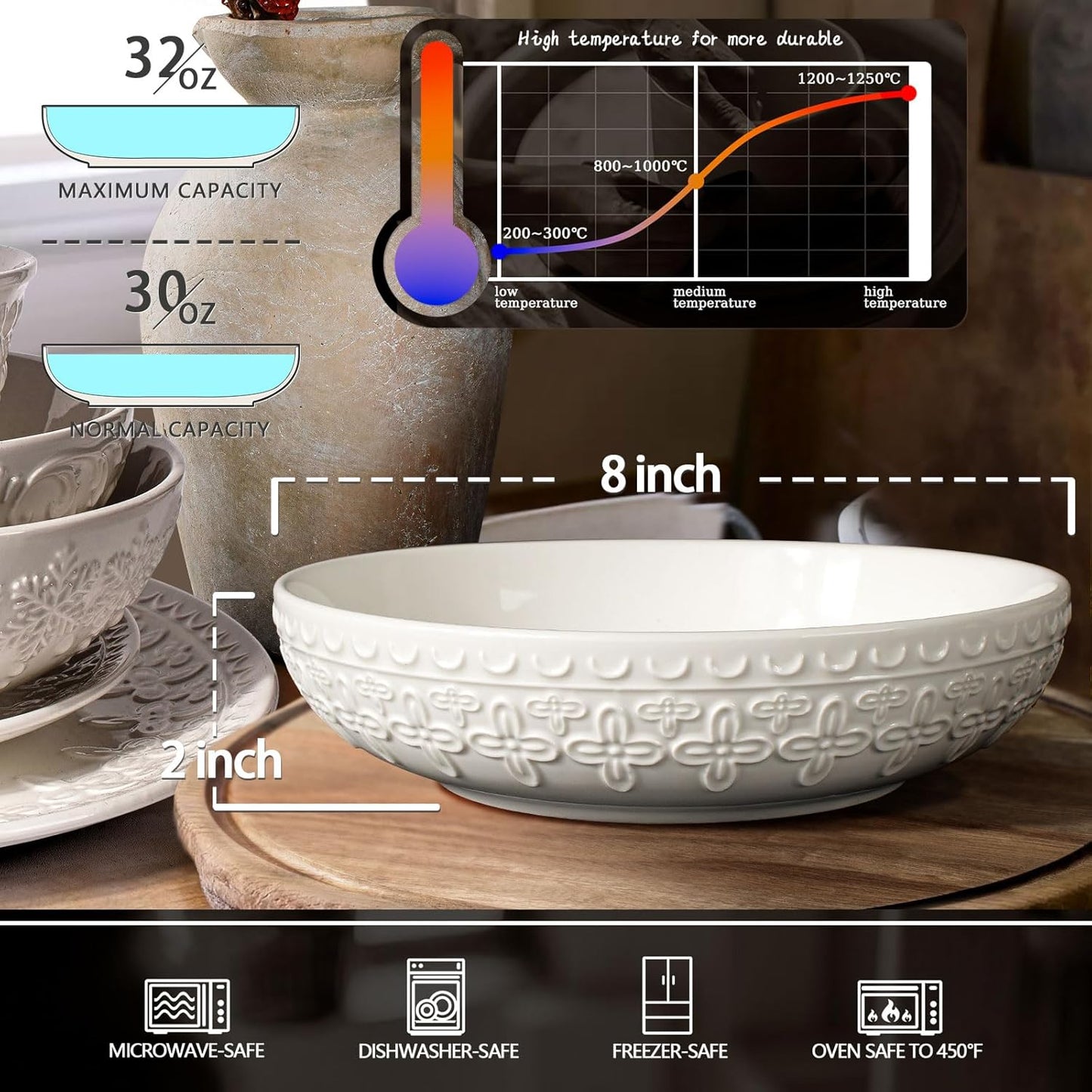 Pasta Bowls, 32oz Salad Bowls Set of 4, White Ceramic Soup Bowls 8 Inch Embossment Large Serving Bowl Wide and Shallow Bowls for Kitchen, Microwave & Dishwasher Safe (Cross Floral)