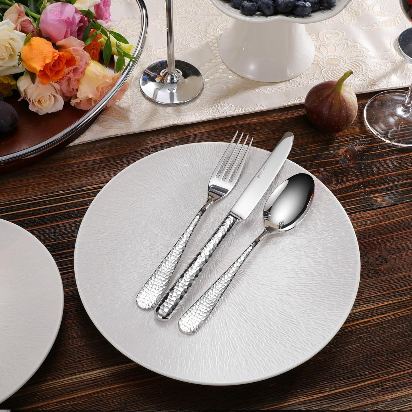 KEAWELL Premium 20/45/65 Piece Louise Hammered Silverware Set with Round Edge, 18/10 Stainless Steel, Service for 4/8/12, Fine Flatware Set, Dishwasher Safe (20)