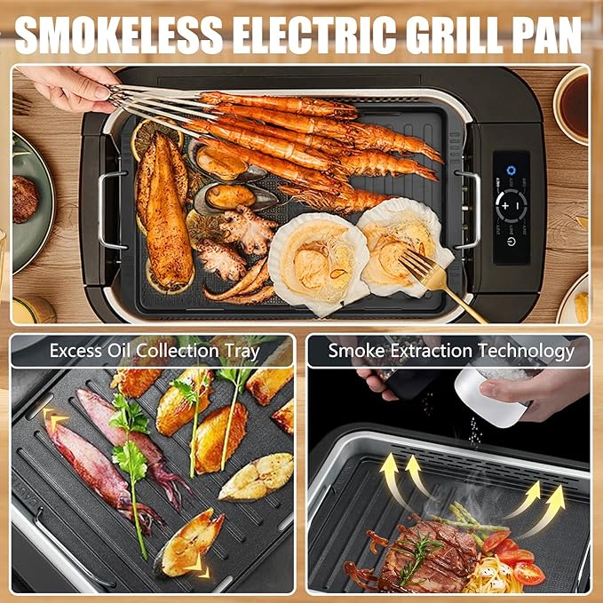 WT-ISG802 Indoor Smokeless Grill – 1100W Electric Grill Indoor with Dual Turbo Smoke Extractor, Dishwasher Safe Plates, Portable and Detachable Indoor Electric Smokeless Grill with Drip Pan