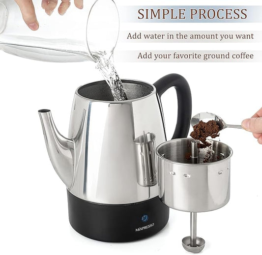Mixpresso Small Percolator Coffee Pot Electric 4 Cup, Stainless Steel Coffee Maker, Coffee Percolator Electric With Keep Warm Function, 4 Cups Stainless Steel Perculator With Basket