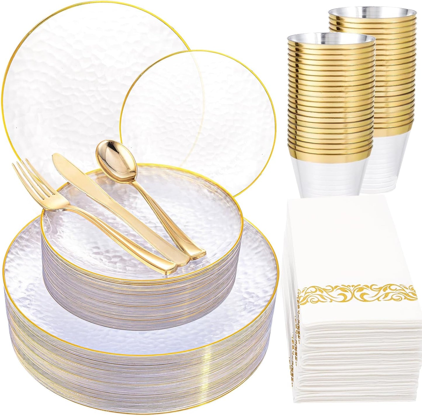 Rubtlamp 175 Pcs Plastic Dinnerware Set (25 Guests), Clear And Gold Plastic Plates, Hammered Party Plates Include Dinner Platos, Dessert Platos, Cups, Gold Cutlery Set And Napkins for Thanksgiving