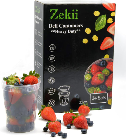 Zekii EXTRA THICK Deli Containers with Lids, Soup Containers w/Lids Airtight, 24Sets 32oz, Disposable, BPA Free, Takeout soup Cups, Meal Prep, Food Storage w/Measurements